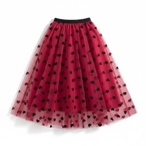Chicwish Red Mesh Tulle Velvet Hearts Midi Skirt S/M Romantic Parisian Valentine